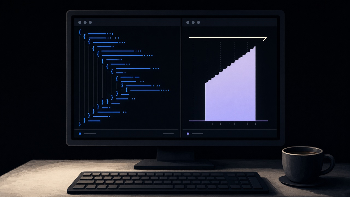 A developer’s monitor showing a GraphQL query panel next to a cost meter climbing toward a rate limit ceiling