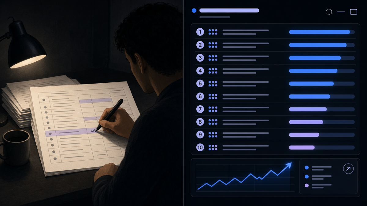 A split screen showing a marketer manually sorting a spreadsheet of leads next to an automated dashboard ranking the same leads by predicted score