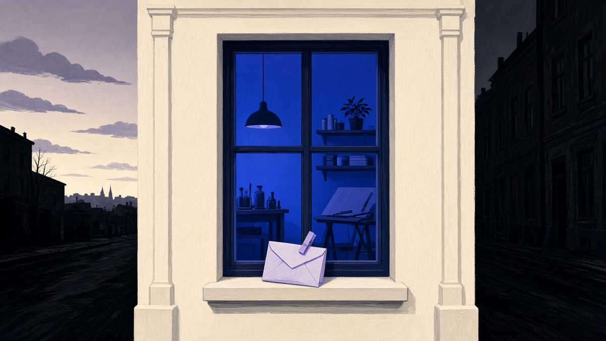 A workshop window on a city street at dusk, indigo light, a paper scope on the sill, no people