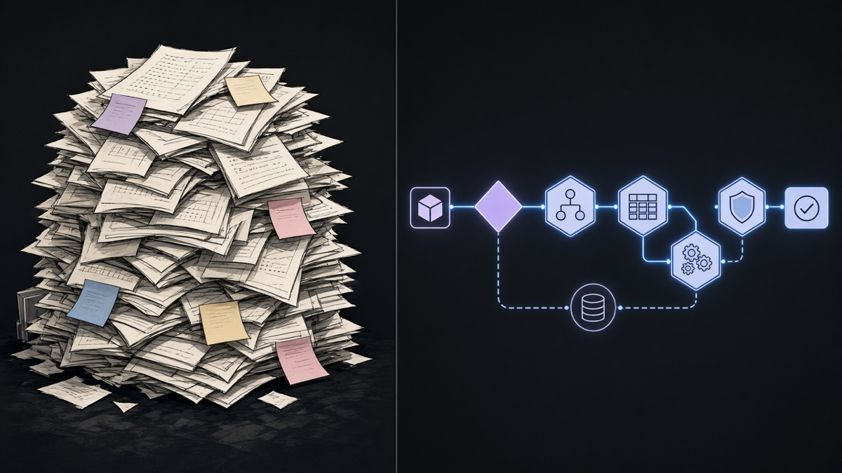 Split scene showing a cluttered manual spreadsheet process on one side and a clean automated pipeline diagram on the other