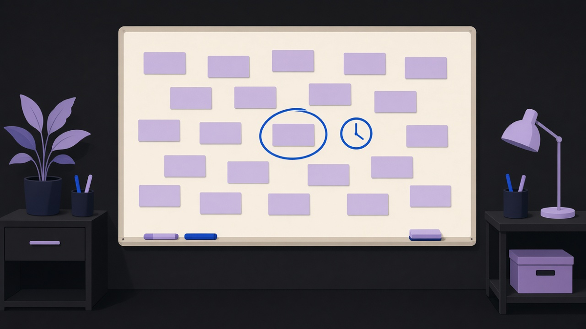 A whiteboard sketch of a single daily task circled in red with a timer next to it, surrounded by a longer uncircled task list