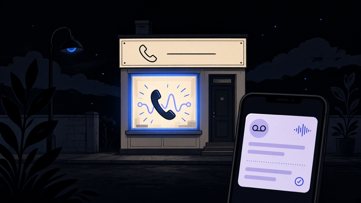 Illustration of a phone lighting up after hours, an AI capturing the call, and a text summary landing on the owner’s phone