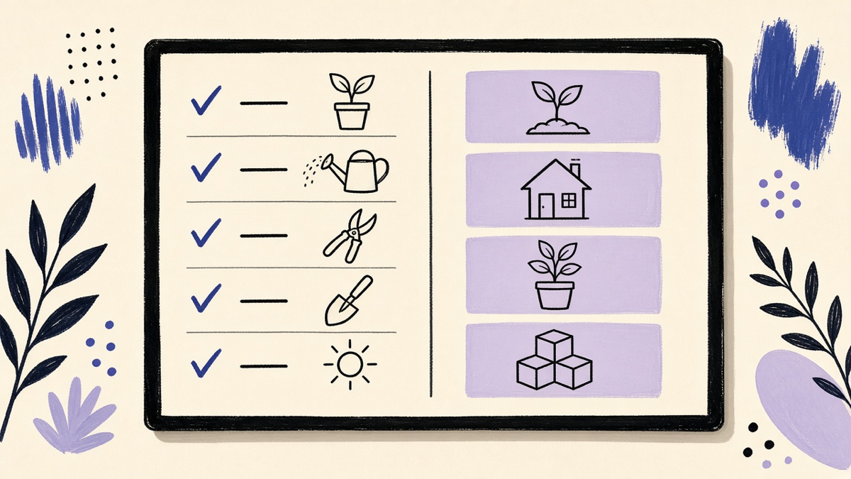 A wall checklist with care tasks on the left and project tasks on the right, indigo marks on cream paper