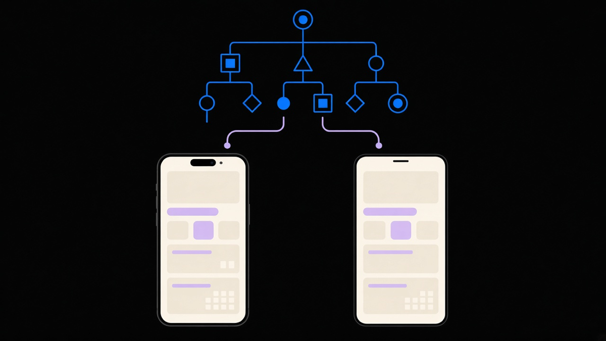 A side by side scene of a native iOS screen and native Android screen both built from the same React component tree