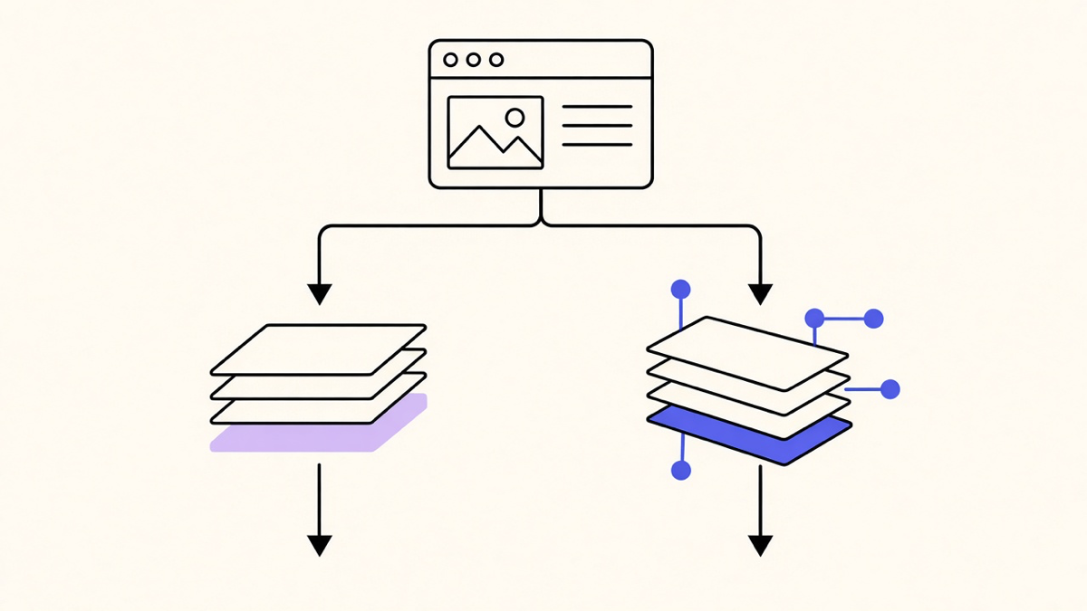 A split diagram showing a website redesign path keeping the same CMS versus a rebuild path replacing the CMS, both branching from one current site