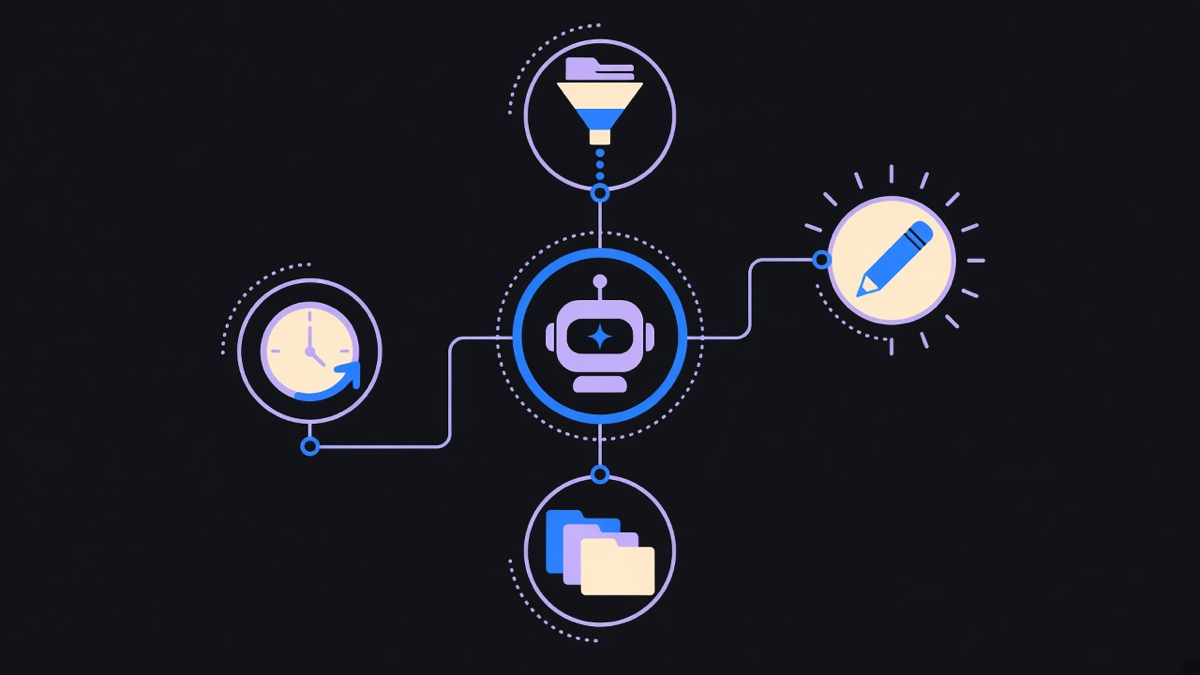Four inbox jobs, triage, drafting, sorting, and follow-ups, arranged around a central AI email agent