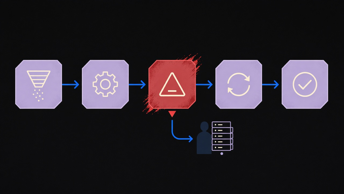 A workflow diagram showing five connected steps with the third node flagged red mid failure while a human review queue waits beside it