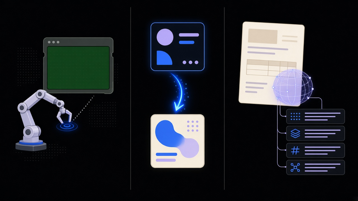 A three-lane diagram showing an RPA bot clicking a legacy screen, an API connecting two modern systems, and an AI model reading a scanned document