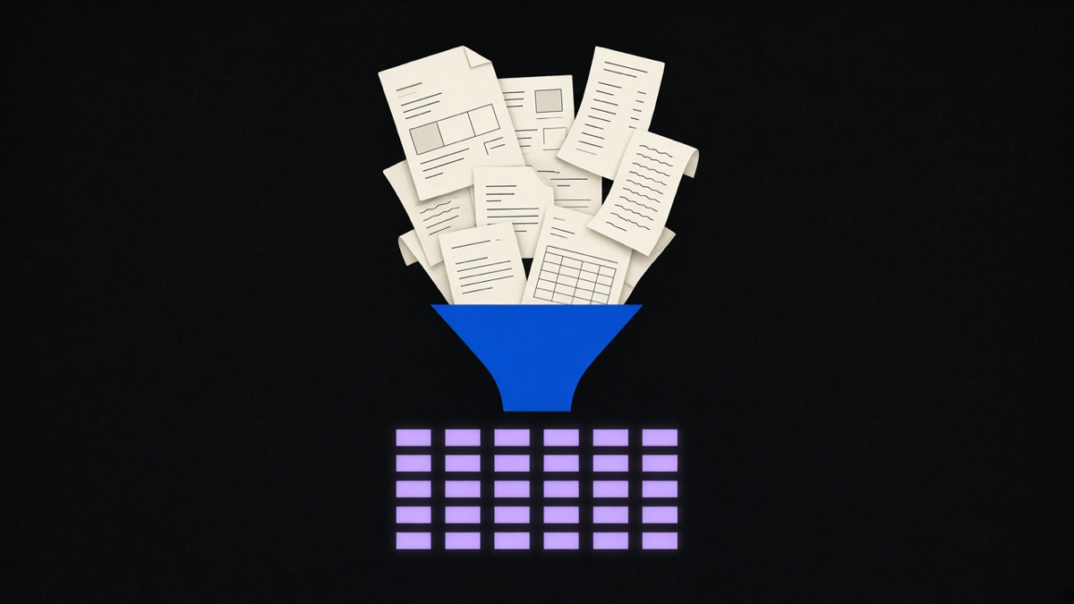 A stack of mismatched paper documents feeding into a funnel that outputs clean structured rows of data