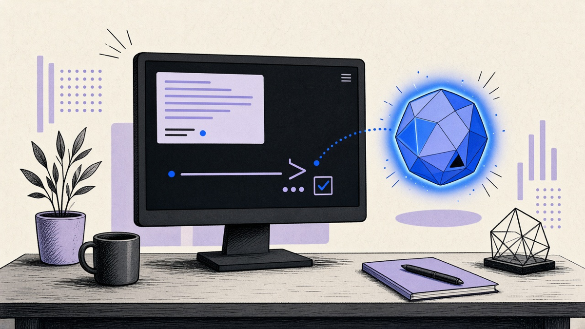 A support agent at a desk with a small AI assistant icon hovering beside the monitor, drafting a reply together