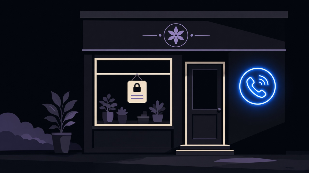 Illustration of a phone ringing at night next to a closed shop window, with a small glowing indicator showing the call still being answered