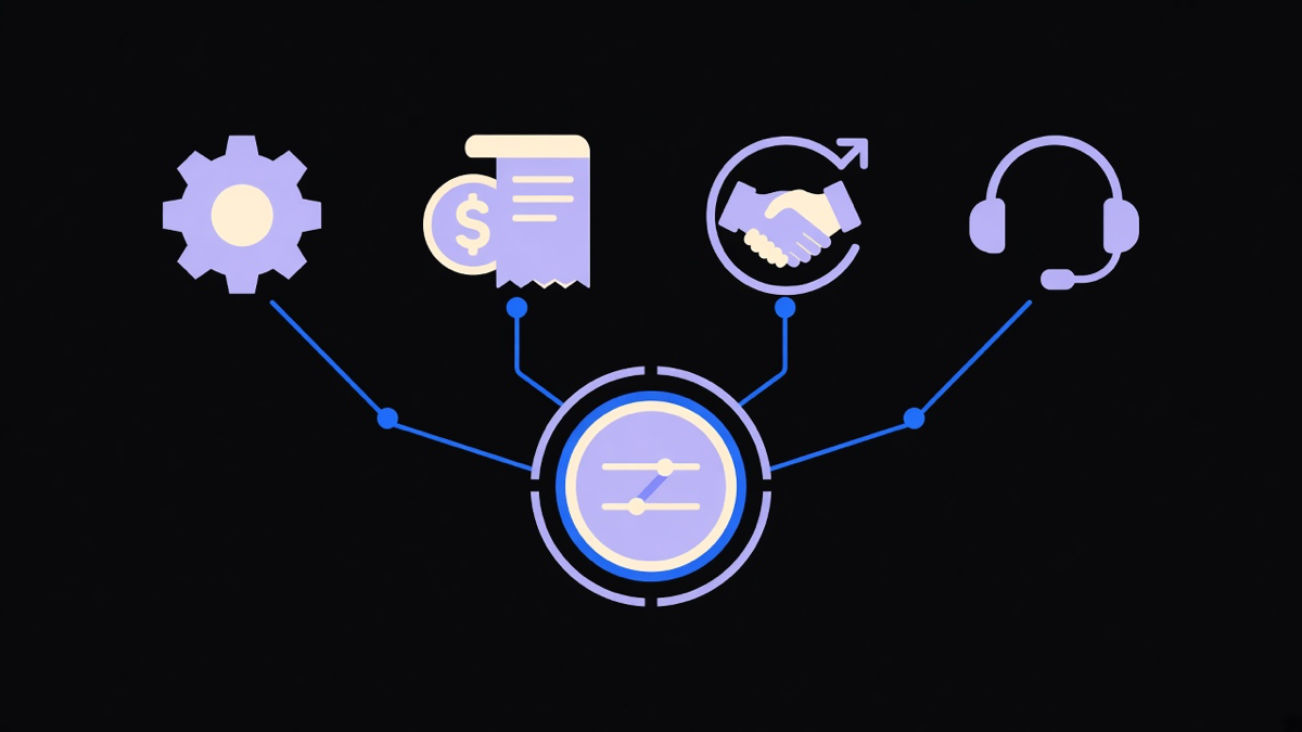 A row of four icons representing operations, finance, sales, and support workflows connected by arrows to a shared automation hub