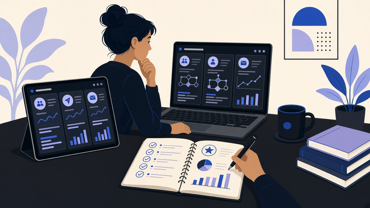 A small business owner comparing three marketing automation dashboards side by side on a desk with a notebook of criteria