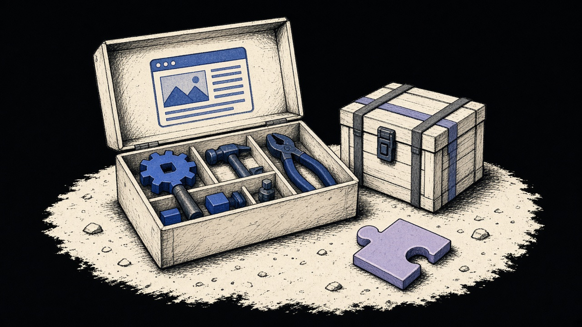 An open toolkit and a sealed backup crate next to a small website building, night sky, no people