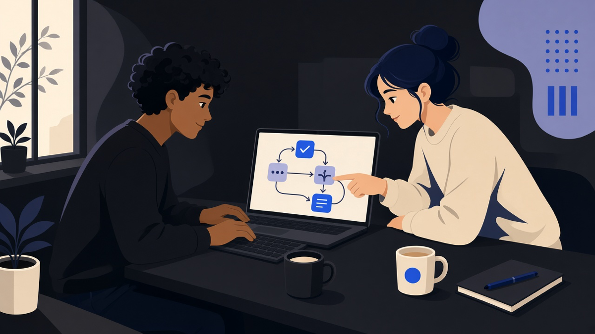 A small services team at a desk configuring an automation workflow together, with a client dashboard on screen