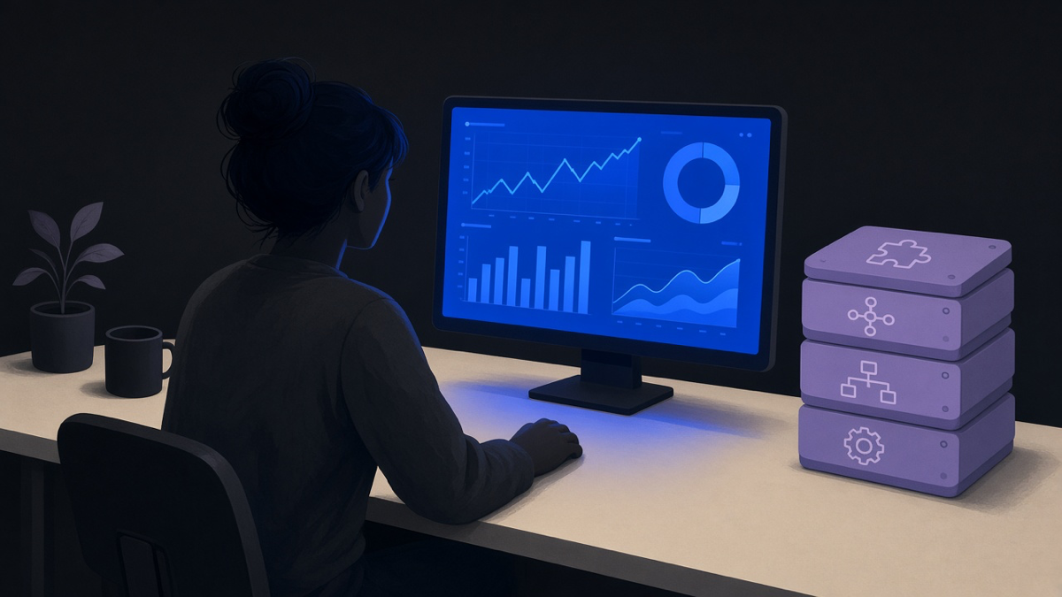 A single process owner at a desk watching a live dashboard while a stack of unopened software modules sits untouched beside them