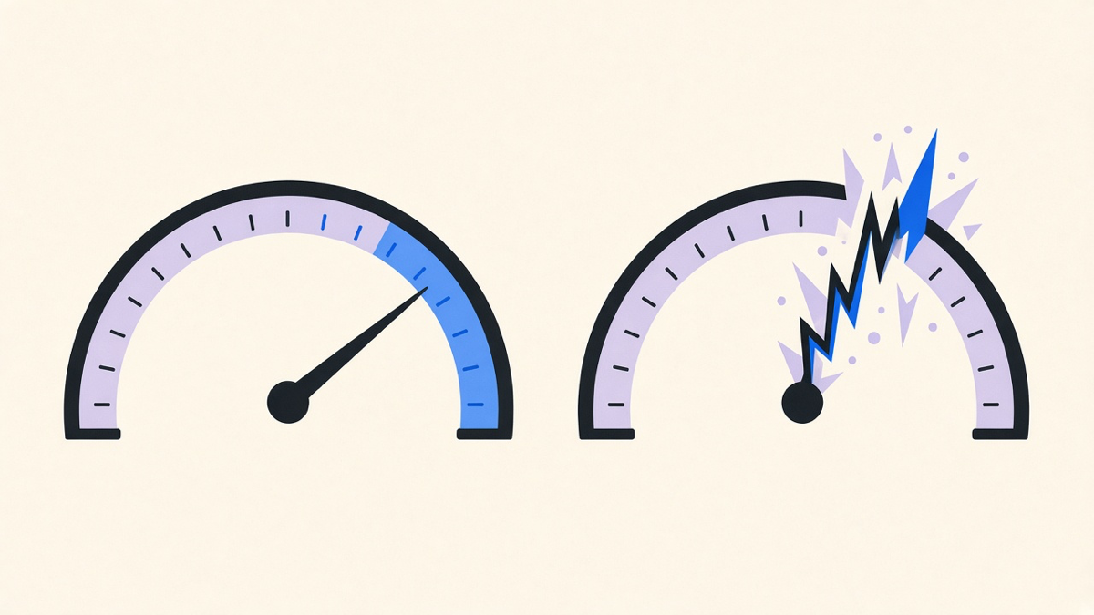 A sender reputation gauge climbing gradually next to a warning icon for a spiked, all-at-once send