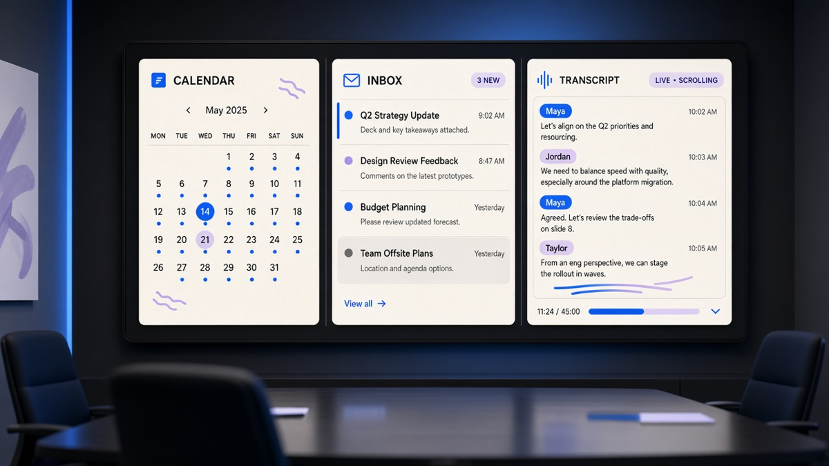 A conference room screen showing a calendar, an inbox, and a meeting transcript panel side by side
