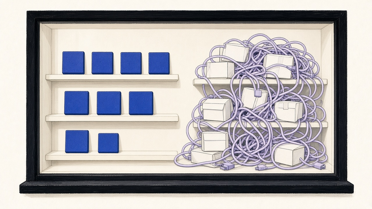A storefront window with a small catalog on the left and a tangled app-cable mess on the right, indigo tiles on cream shelves