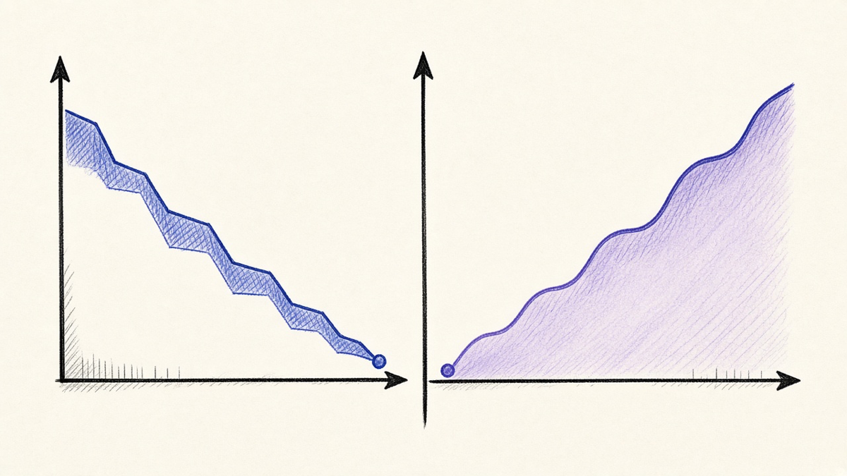A split-screen line chart showing old-site indexed pages declining while new-site indexed pages rise, drawn in indigo and cream