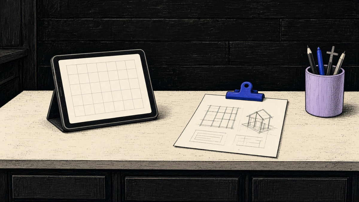 A small hardware-store counter with a cheap builder tablet on one side and a scoped paper proposal on the other, no people