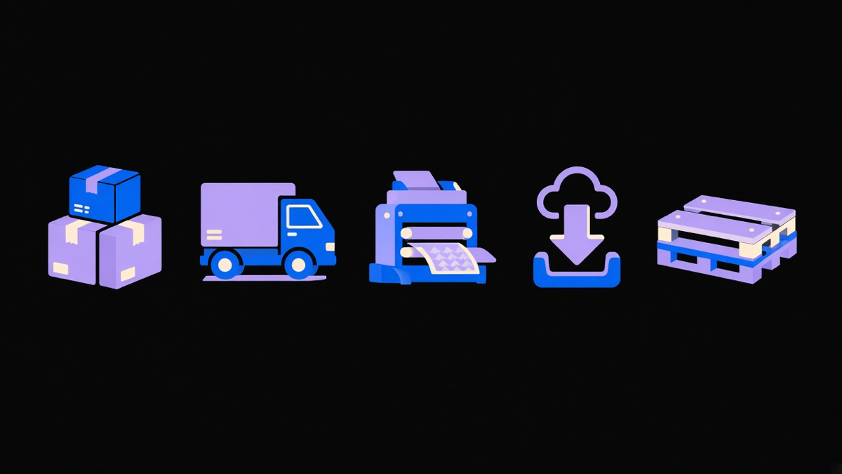 Illustration of five small storefront icons representing different Shopify business models: inventory boxes, a dropship truck, a print-on-demand press, a download icon, and a wholesale pallet