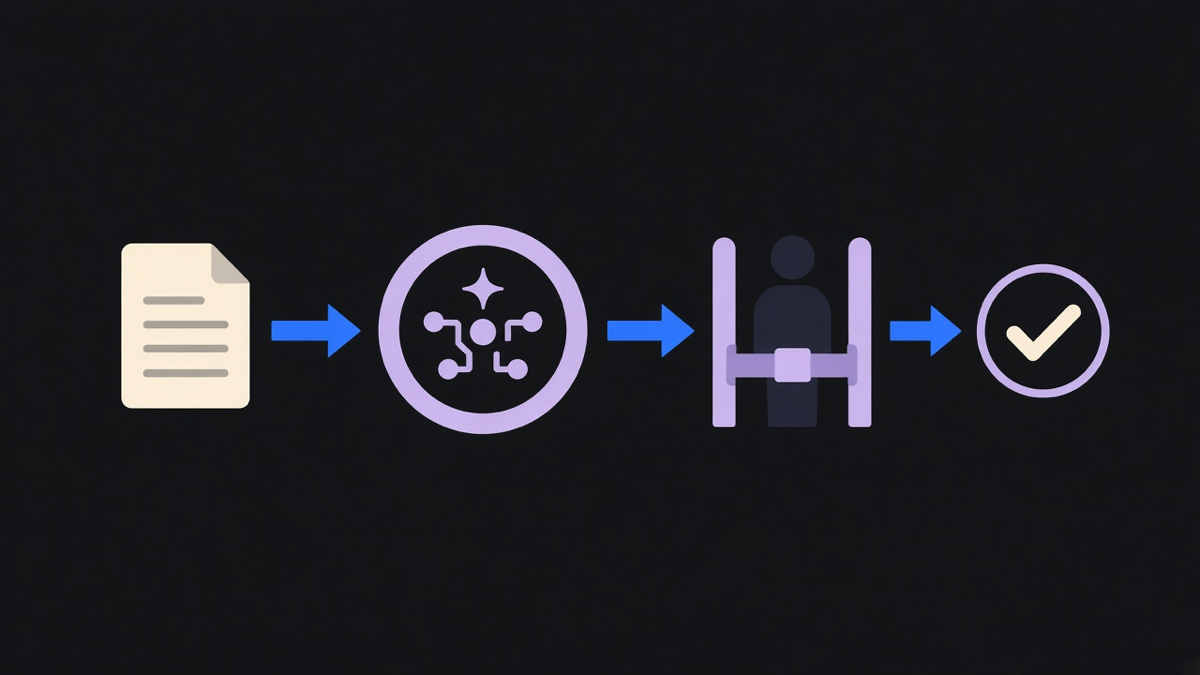 A single workflow step highlighted where an AI model classifies input before handing off to a human approval checkpoint