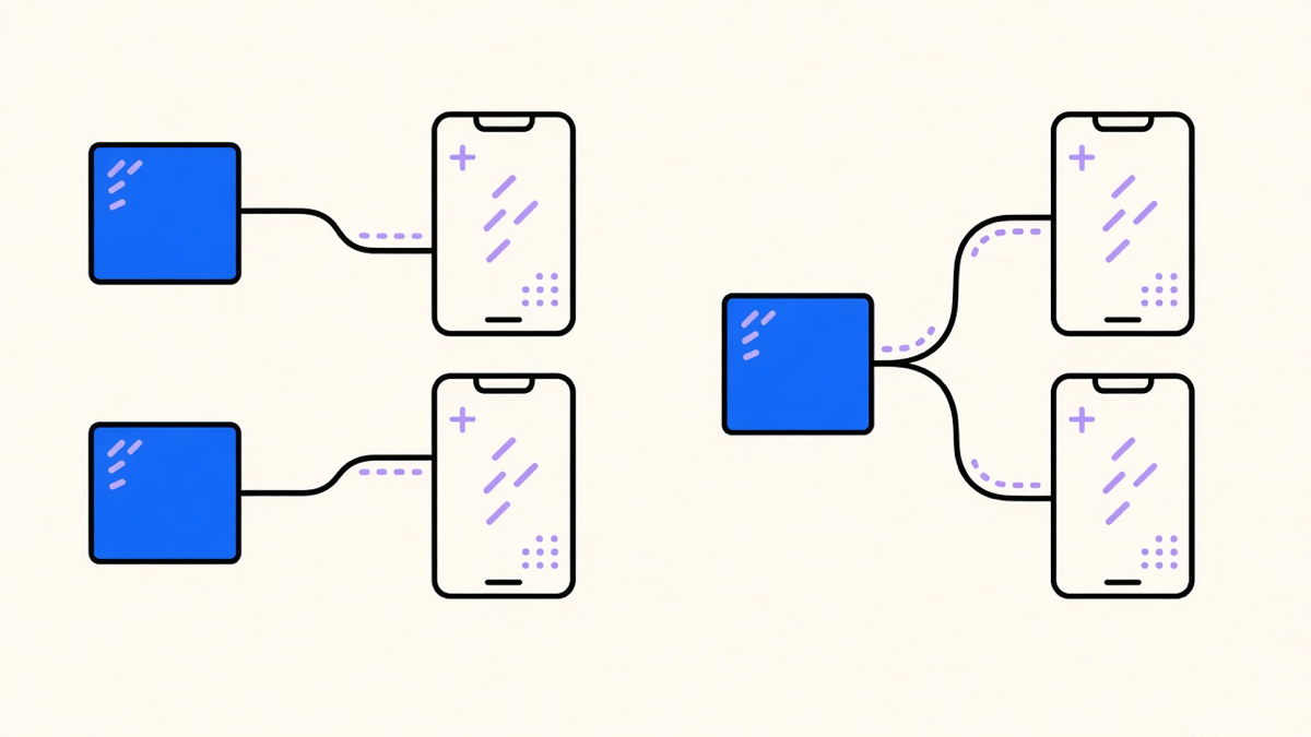 A split illustration comparing two native codebases against one shared React Native codebase, each feeding the same phone outline
