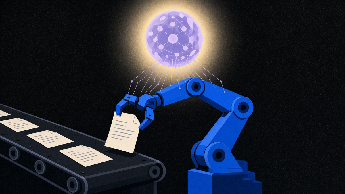A robotic arm lifting a document off a conveyor belt while a glowing AI network orb hovers above guiding it