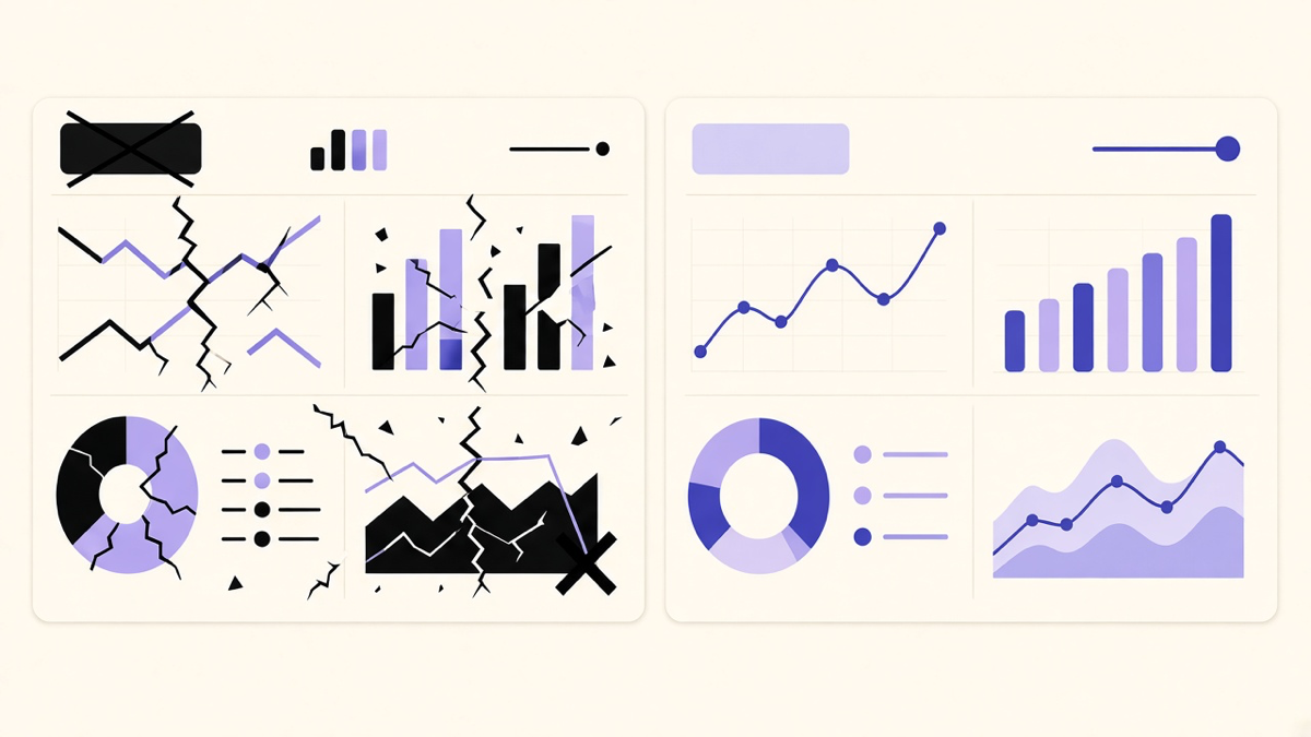A dashboard screen split into a crossed-out broken tracking panel and a clean working one, indigo and cream palette