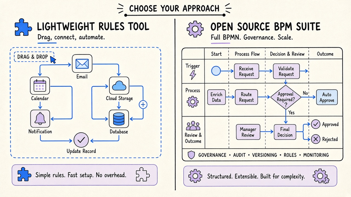 A comparison chart contrasting a rules-based connector tool against an open source BPM suite