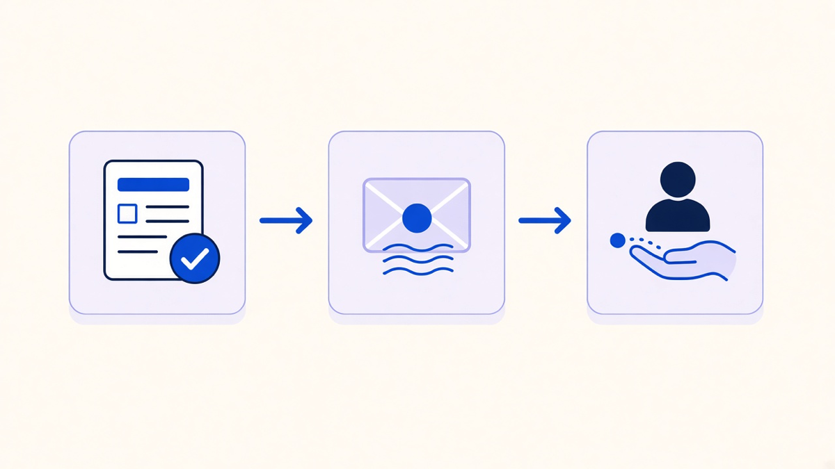 A simple three-stage marketing automation flow diagram showing capture, nurture, and handoff steps