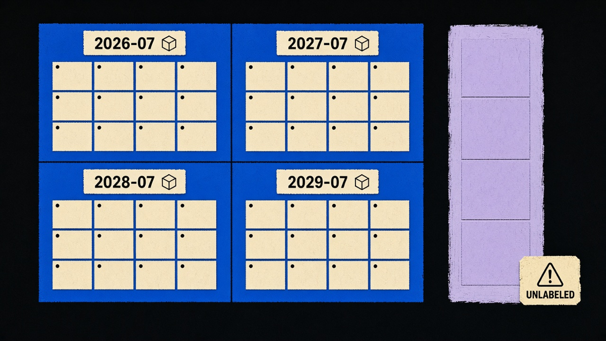 A quarterly calendar grid with API version labels stacked against one unversioned lane marked as changing at any time