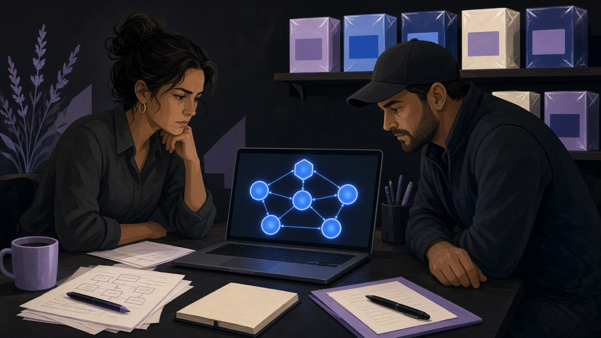 A small business owner and a lone contractor reviewing a single connected workflow diagram on a laptop, with a separate stack of unopened software boxes in the background