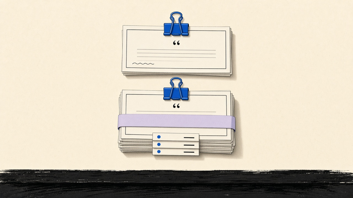 Two quote packets on a cream table, one thin, one with extra line items for hosting and care, indigo clips
