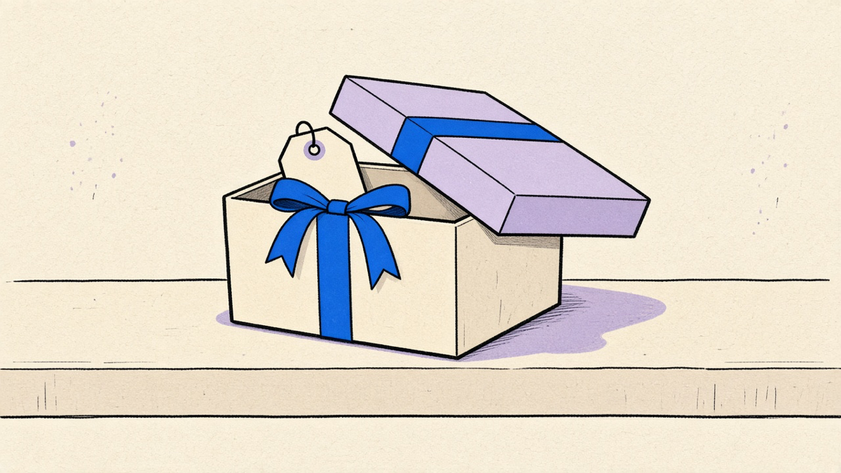 Illustration of an open gift box with a small hidden price tag inside, representing a free tier with a catch