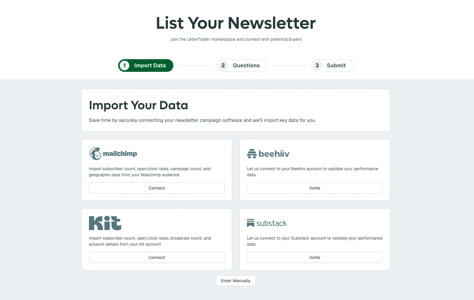 List Your Newsletter onboarding flow, import data step