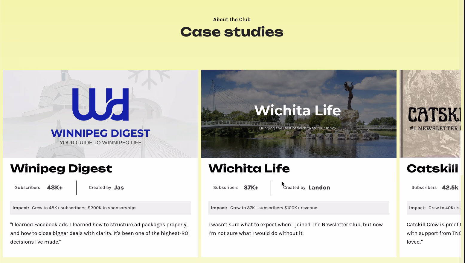 Case studies from Newsletter Club members: Winnipeg Digest, Wichita Life, Catskill Crew