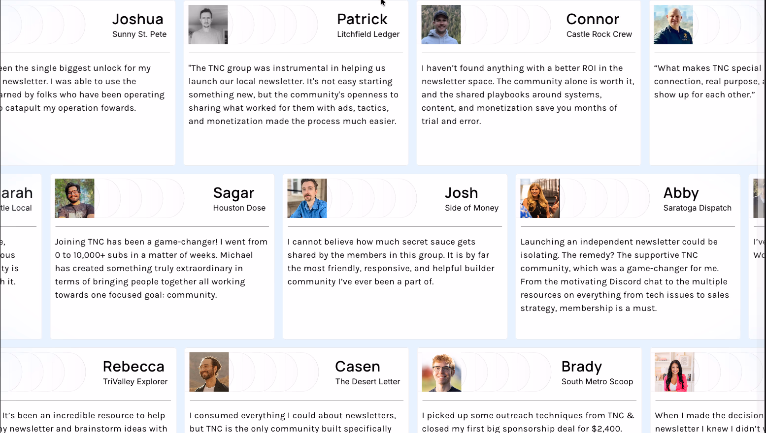 Grid of member testimonials from local newsletter operators