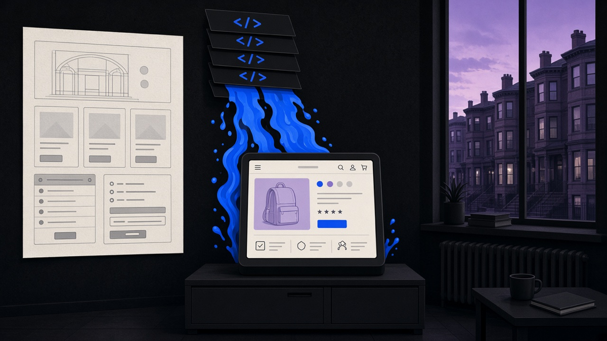Custom Shopify storefront being assembled from Liquid theme sections and code, with Greater Boston brownstones visible through the window at dusk