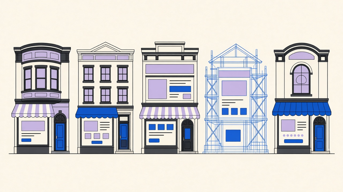 Row of five distinct custom storefront buildings, each facade drawn as a unique website layout, one under construction in blue wireframe scaffold