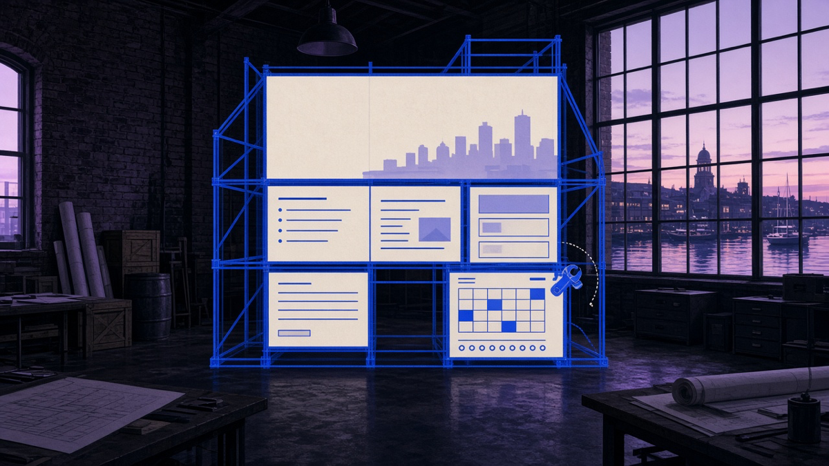 Indigo wireframe of a small-business website standing like architecture in a Greater Boston harbor loft, cream page panels bolted onto the frame