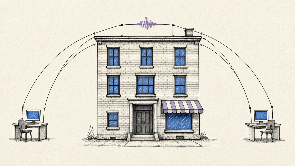 Flat linework illustration of a small Greater Boston brick office at dusk: cobalt-lit windows, a lavender striped awning, and thin ink support lines arcing from the roof to desk terminals on each side, one line carrying a lavender signal pulse.