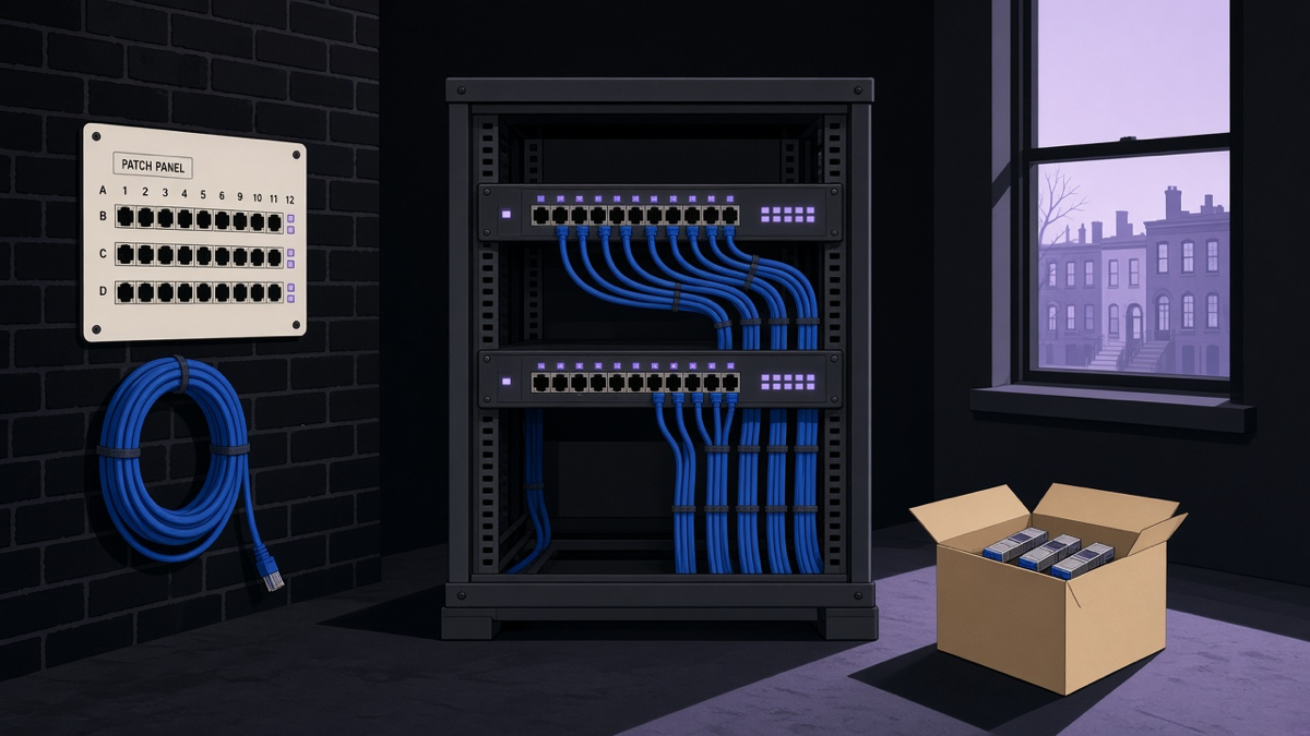 Illustration of a Greater Boston brownstone network closet: a centered rack of indigo Ethernet cables, a wall patch panel, and a spare-parts box by a lavender window.