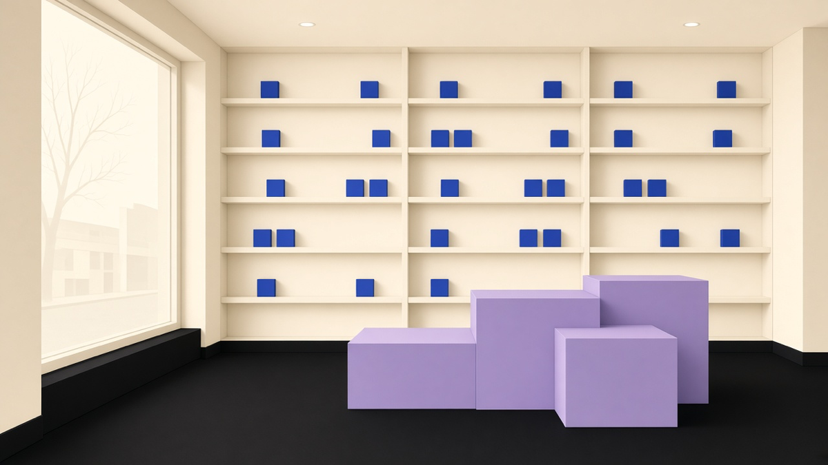 Empty cream shop interior being fitted for opening: indigo product tiles on shelves and lavender checkout blocks on a black floor