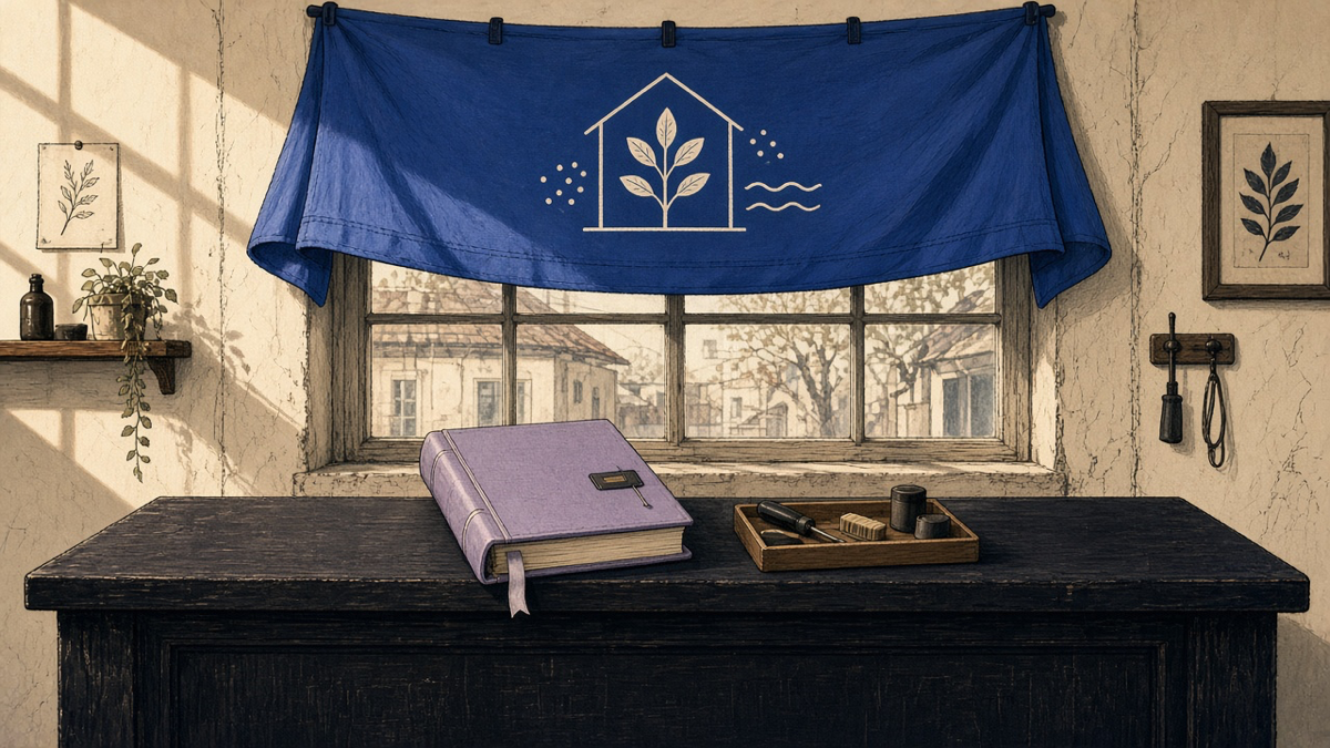 Long-running shop counter with a lavender care binder and toolkit, indigo website banner hanging in the window like a new awning