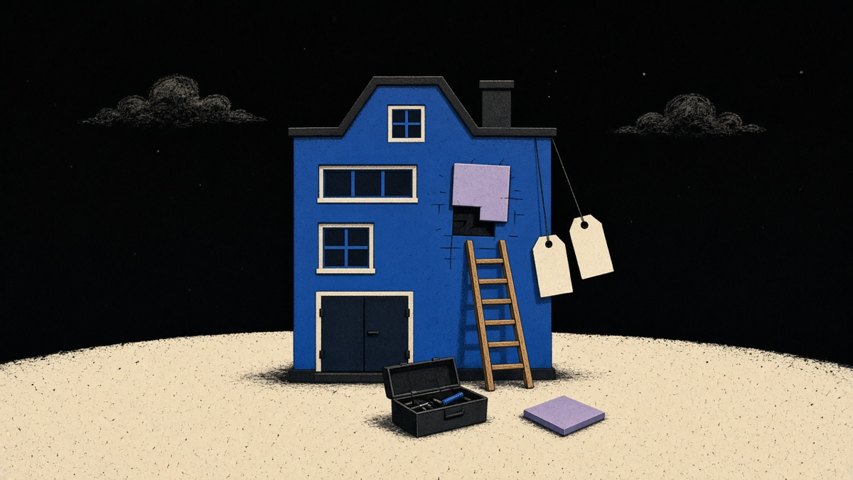Small indigo website-as-building under repair: ladder, spare lavender tile, open toolkit, and blank tags against a cream lot